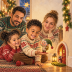 Titelbild: Ein Junge hält den Wichtel Knöpfchen auf der Hand, Papa, Mama und die kleine Schwester schauen staunend zu