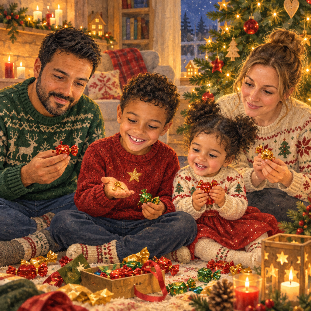 Buchseite: Heiligabend: Die Familie sitzt unter dem Baum und öffnet winzige Geschenke