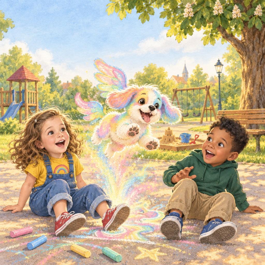 Buchseite: Aus dem Kreidebild springt Flatterwuff in einer Wolke aus Regenbogenstaub, die beiden Kinder sitzen staunend auf dem Boden