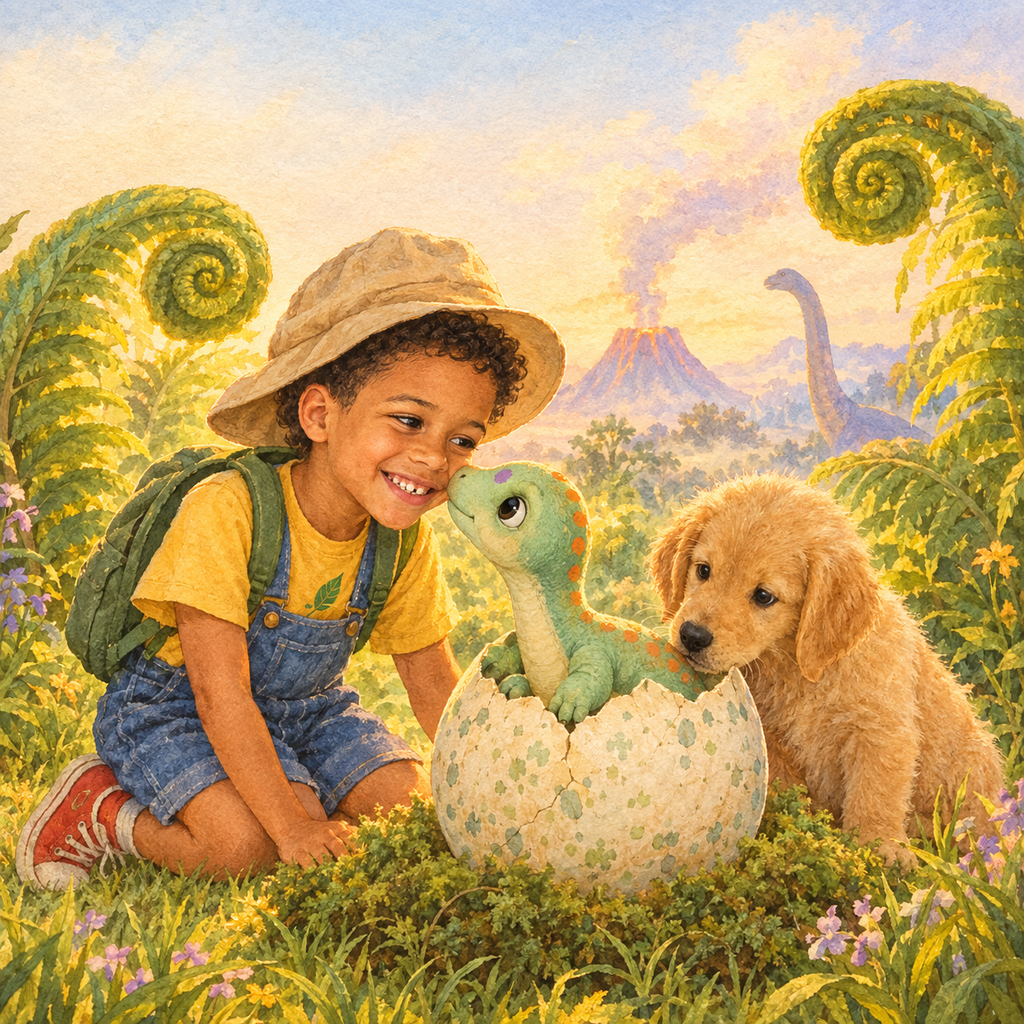 Titelbild: Ein Junge und sein Hund entdecken im Garten ein Ei, aus dem ein kleiner grüner Dinosaurier schaut