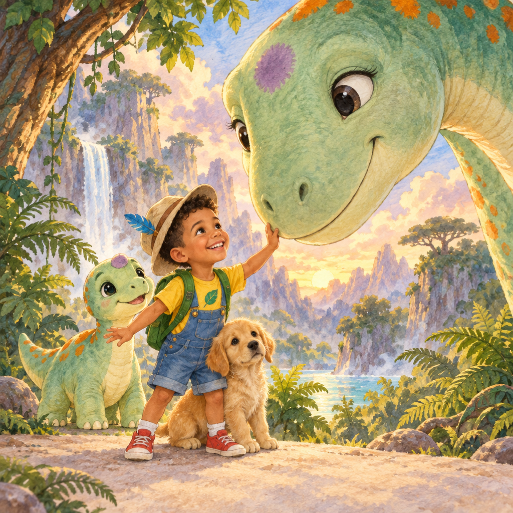 Buchseite: Die riesige Dino-Mama beugt sich zu dem Jungen herunter, der Hund und Klecks stehen neben ihm
