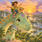 Buchseite: Der Junge und sein Hund sitzen bei Sonnenuntergang auf dem Kopf der Dino-Mama über dem Tal