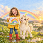 Titelbild: Ein Mädchen hält auf dem Hügel stolz sein Regenbogenbild hoch, neben ihm lacht das kleine Einhorn Kringel mit krummem Horn