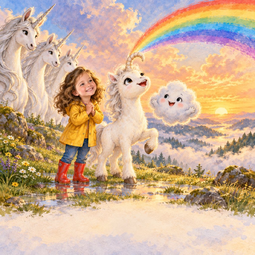 Buchseite: Kringel malt mit ihrem krummen Horn einen leuchtenden Regenbogen in den Abendhimmel, das Mädchen und die Einhörner staunen