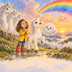 Buchseite: Kringel malt mit ihrem krummen Horn einen leuchtenden Regenbogen in den Abendhimmel, das Mädchen und die Einhörner staunen