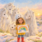 Buchseite: Im Wolkental zeigt das Mädchen den großen Einhörnern mutig sein zerknülltes Regenbogenbild, auf seinem Kopf sitzt die kleine Regenwolke