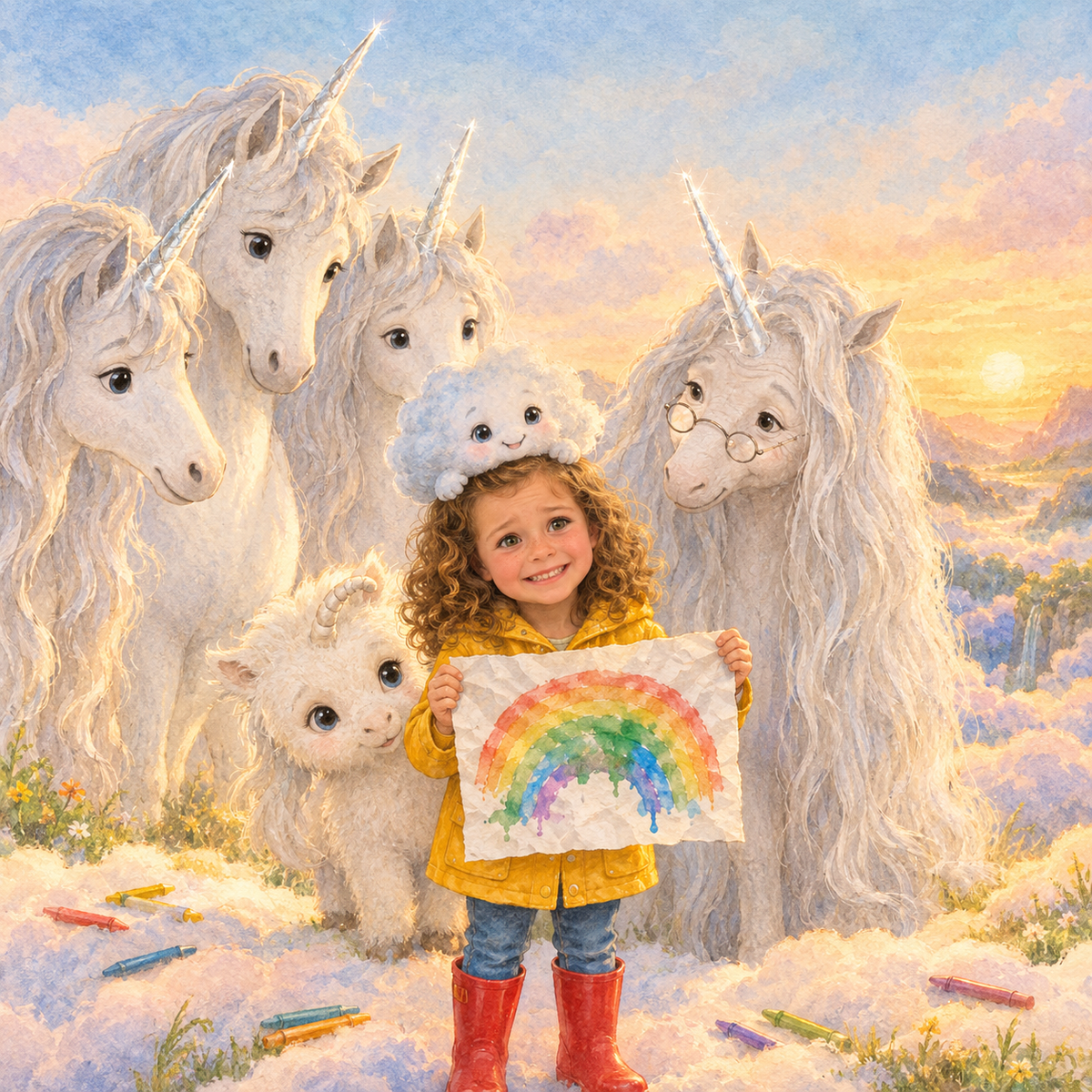 Buchseite: Im Wolkental zeigt das Mädchen den großen Einhörnern mutig sein zerknülltes Regenbogenbild, auf seinem Kopf sitzt die kleine Regenwolke