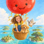 Titelbild: Ein Mädchen mit Krone fliegt mit ihrem Hund im Korb unter dem lachenden roten Ballon Luftikus über ein Meer voller Inseln