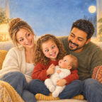 Buchseite: Auf dem Sofa schneidet das Mädchen eine Grimasse, das Baby in ihrem Arm staunt, Mama und Papa lachen