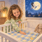 Buchseite: Nachts legt das Mädchen die Monddecke ins leere Babybett, draußen fliegt Adebar am Mond vorbei