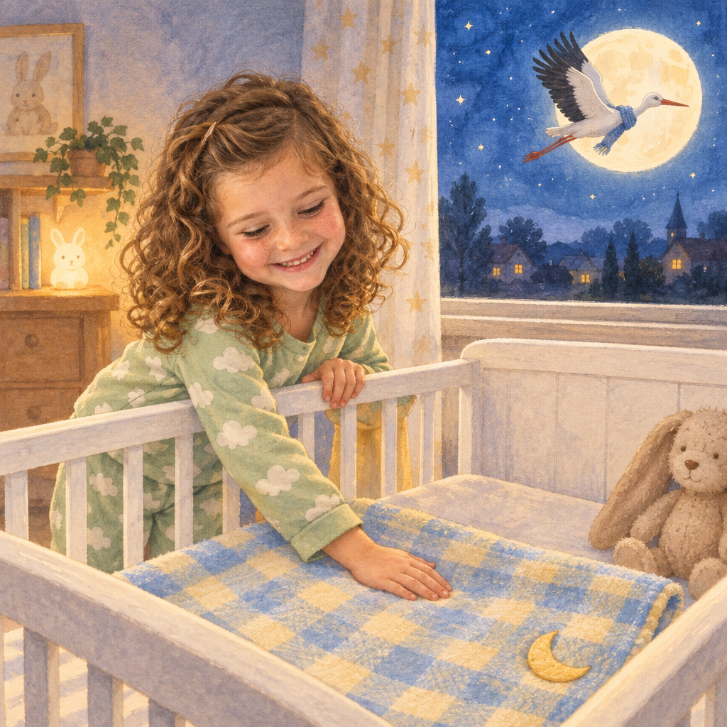 Buchseite: Nachts legt das Mädchen die Monddecke ins leere Babybett, draußen fliegt Adebar am Mond vorbei