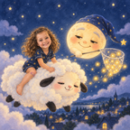 Titelbild: Ein Mädchen reitet auf dem Wolkenschaf Bommel durch die Sternennacht, daneben der Mond mit Schlafmütze und einem Netz voller Lichter