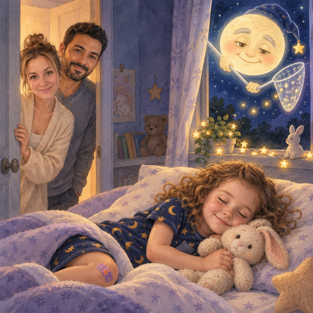 Buchseite: Das Mädchen schläft friedlich, Mama und Papa schauen durch den Türspalt herein, der Mond wacht am Fenster