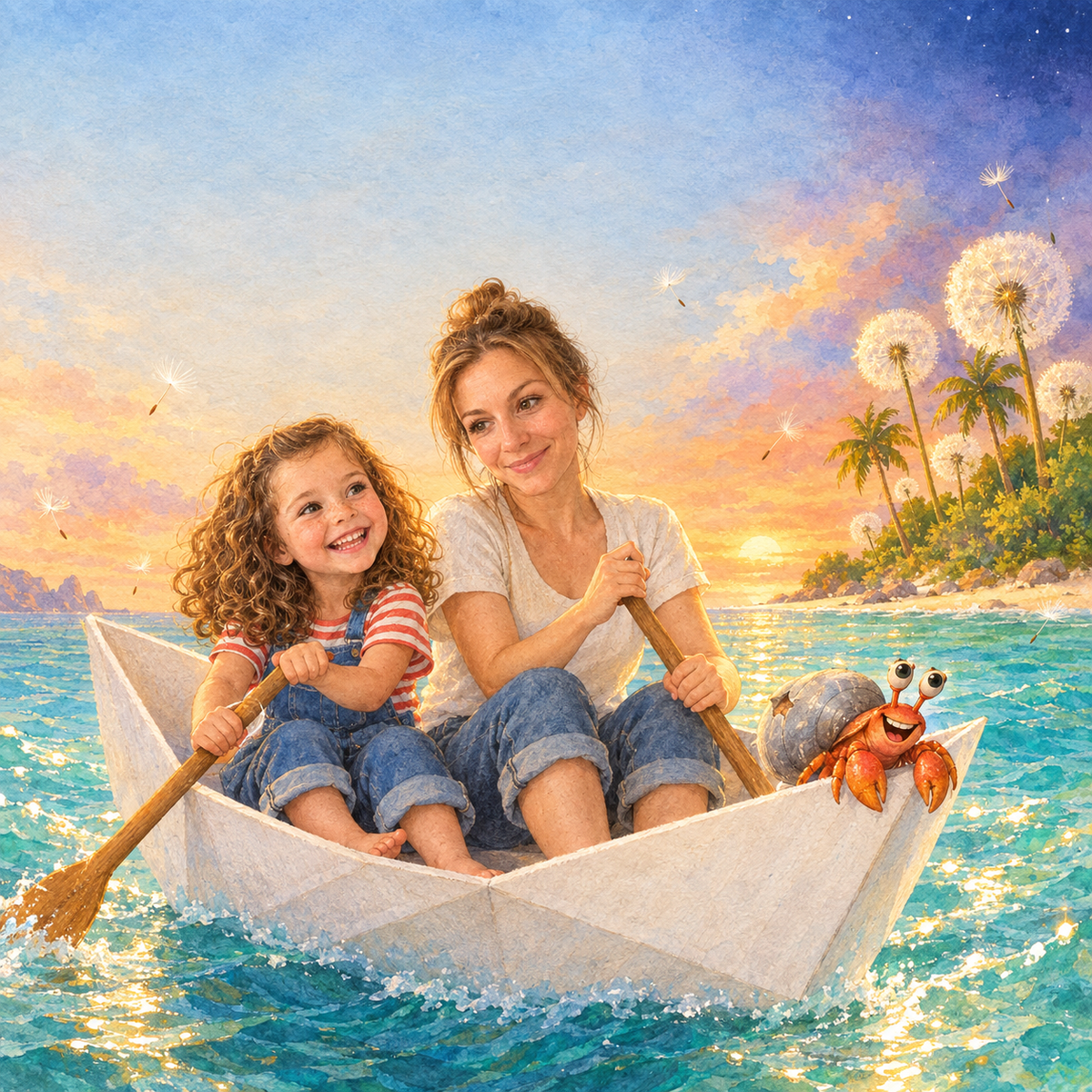 Titelbild: Ein Mädchen und seine Mama paddeln im riesigen Papierboot zu einer Insel mit Pusteblumen, vorne sitzt ein Einsiedlerkrebs