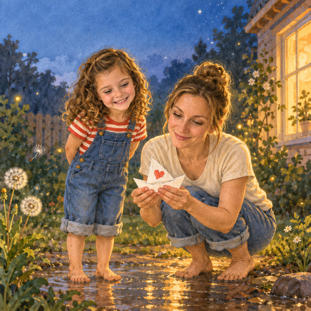 Buchseite: Abends im Garten betrachtet Mama das kleine Papierboot mit dem roten Herz, das Mädchen steht stolz daneben