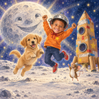 Buchseite: Der Mond leuchtet wieder, der Junge, sein Hund und Maus Rosine springen vor Freude neben der Rakete