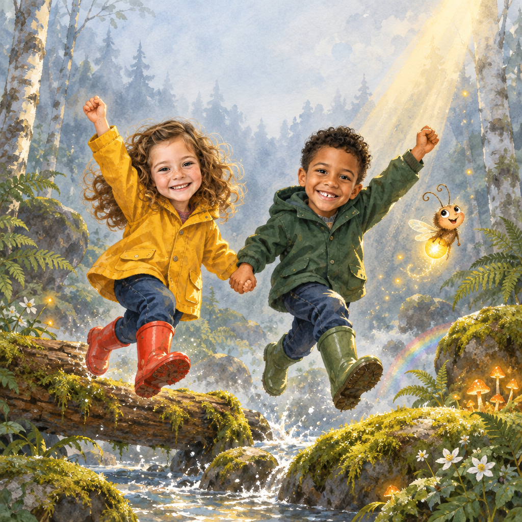 Buchseite: Die beiden Geschwister springen Hand in Hand vom Baumstamm über den Bach und jubeln, ein Sonnenstrahl bricht durch den Nebel