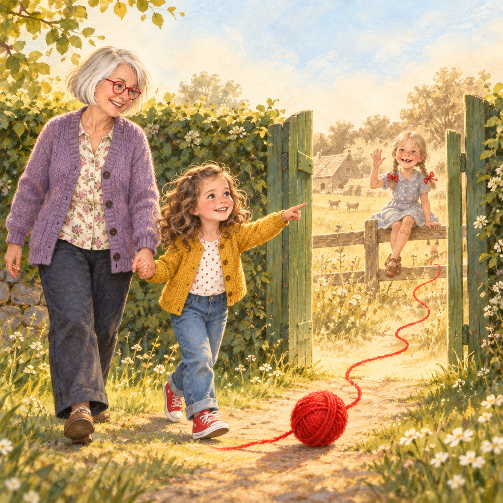 Titelbild: Ein Mädchen und seine Oma folgen einem roten Wollfaden zum Gartentor, dahinter winkt Oma als kleines Mädchen vom Zaun