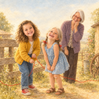 Buchseite: Das Mädchen und die kleine Oma mit Zöpfen lachen zusammen auf dem Bauernhof, die große Oma kichert dahinter