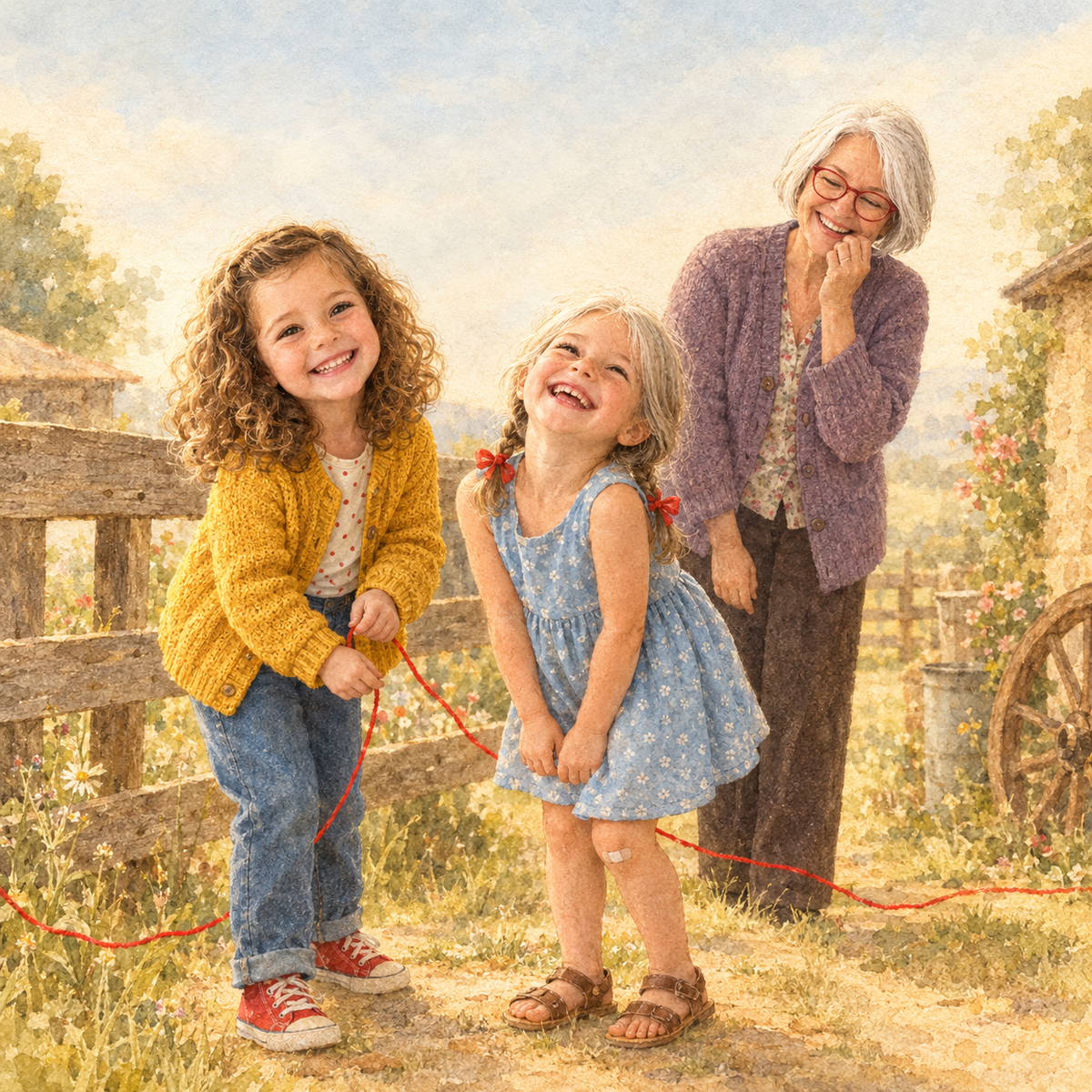 Buchseite: Das Mädchen und die kleine Oma mit Zöpfen lachen zusammen auf dem Bauernhof, die große Oma kichert dahinter