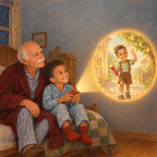 Titelbild: Ein Junge und sein Opa sitzen nachts auf dem Bett, im Lichtkreis der Taschenlampe winkt Opa als kleiner Junge aus einem Sommer von früher