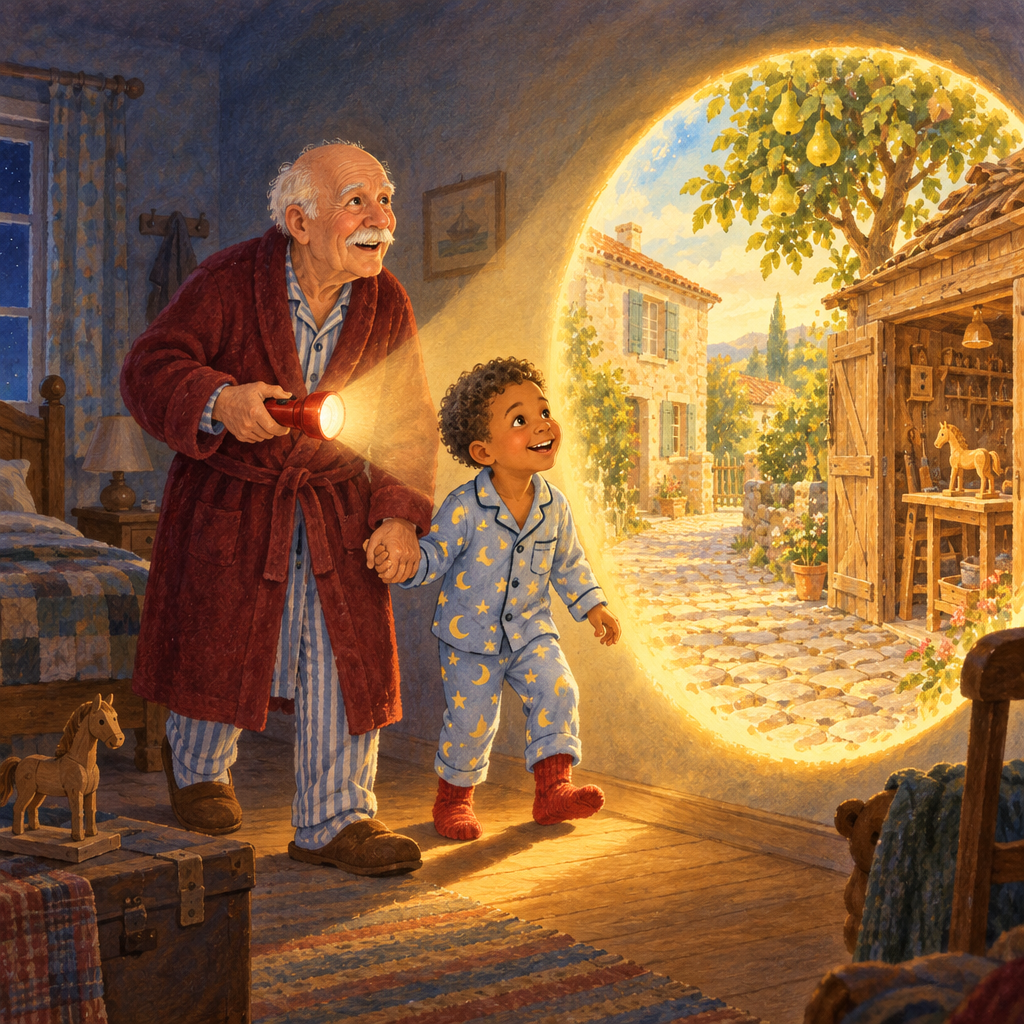 Buchseite: Der Lichtkreis der Taschenlampe ist so groß wie eine Tür geworden, Opa und der Junge gehen Hand in Hand hinein