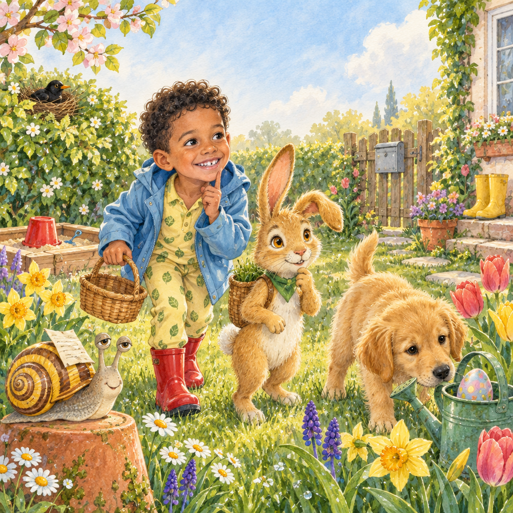Titelbild: Ein Junge schleicht mit Osterhase Flitz und seinem Hund durch den Frühlingsgarten, überall sind Ostereier versteckt