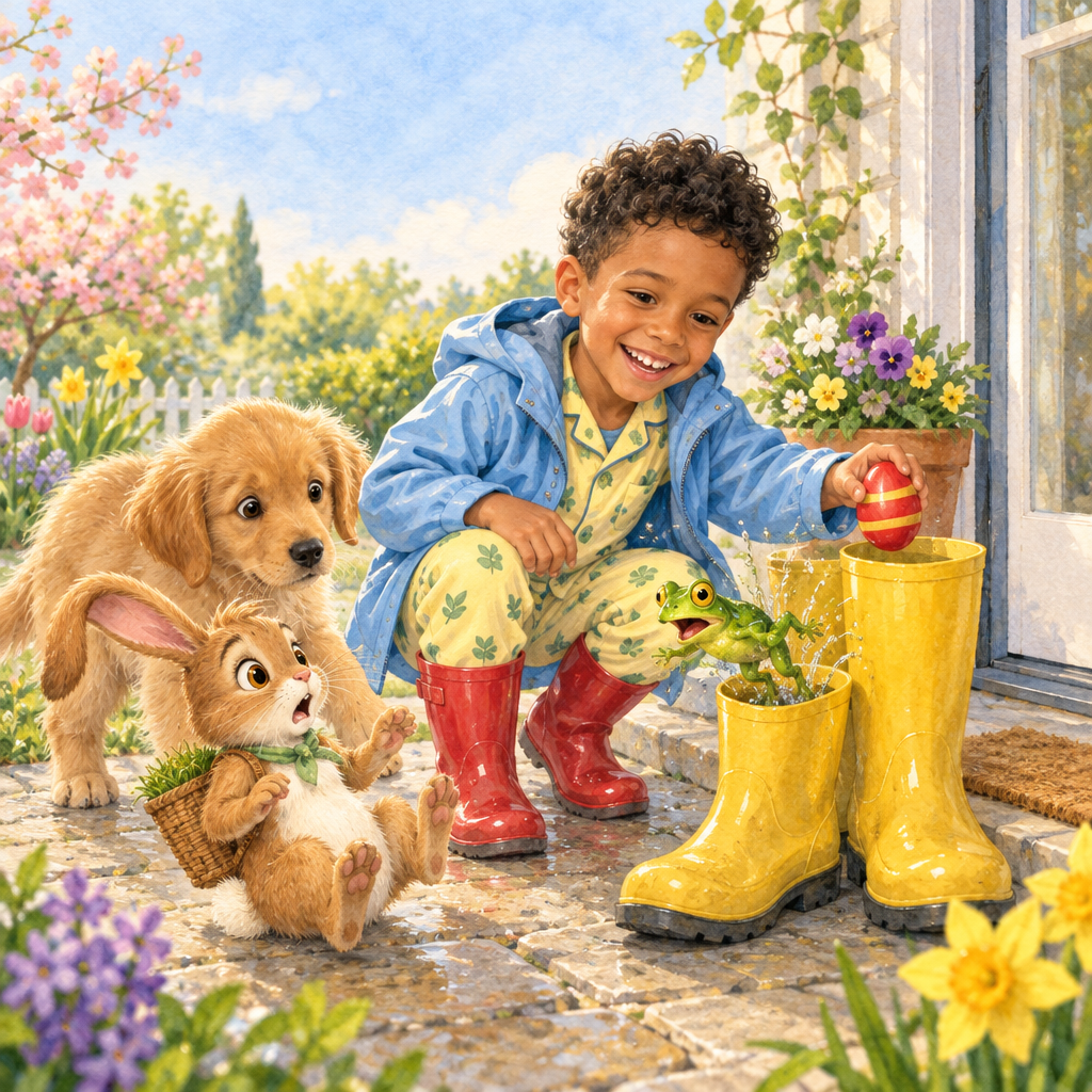 Buchseite: Aus dem gelben Gummistiefel springt ein Frosch, Flitz fällt auf den Po, der Junge findet ein rotes Osterei