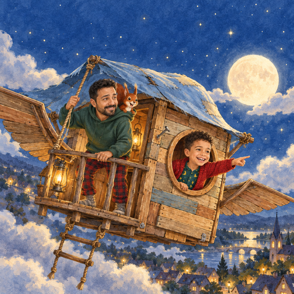 Titelbild: Ein Junge und sein Papa fliegen nachts im Baumhaus mit Holzflügeln über die Stadt, ein Eichhörnchen schaut aus Papas Kapuze