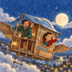 Titelbild: Ein Junge und sein Papa fliegen nachts im Baumhaus mit Holzflügeln über die Stadt, ein Eichhörnchen schaut aus Papas Kapuze