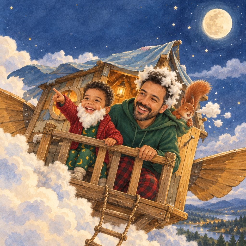 Buchseite: Das Baumhaus fliegt aus einer Wolke, Papa hat Wolkenhaare und der Junge einen weißen Wolkenbart