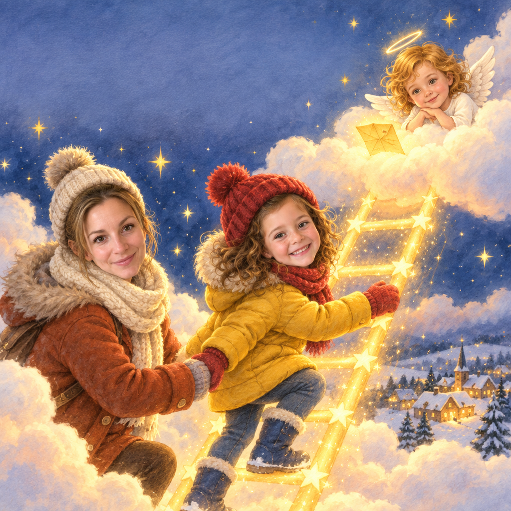 Titelbild: Mädchen und Mama klettern Hand in Hand die Sternenleiter hinauf